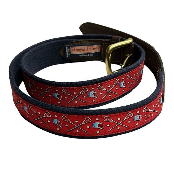 Vineyard Vines Men’s Lacrosse Print Leather Canvas Belt Size 38” - Picture 1 of 3